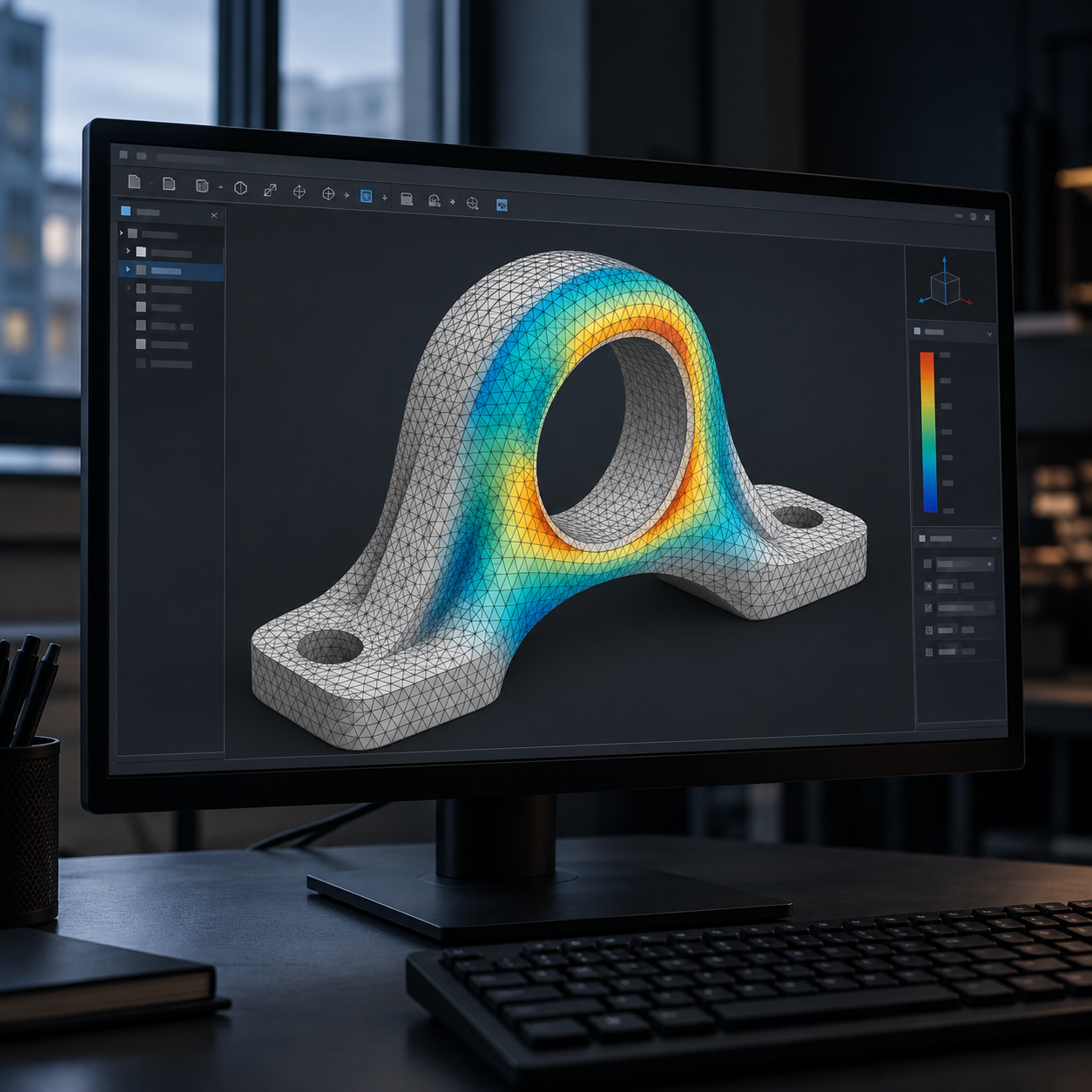 Conceptual mockup of a monitor displaying a mechanical bracket with a computational mesh and colour map in a dark workspace.