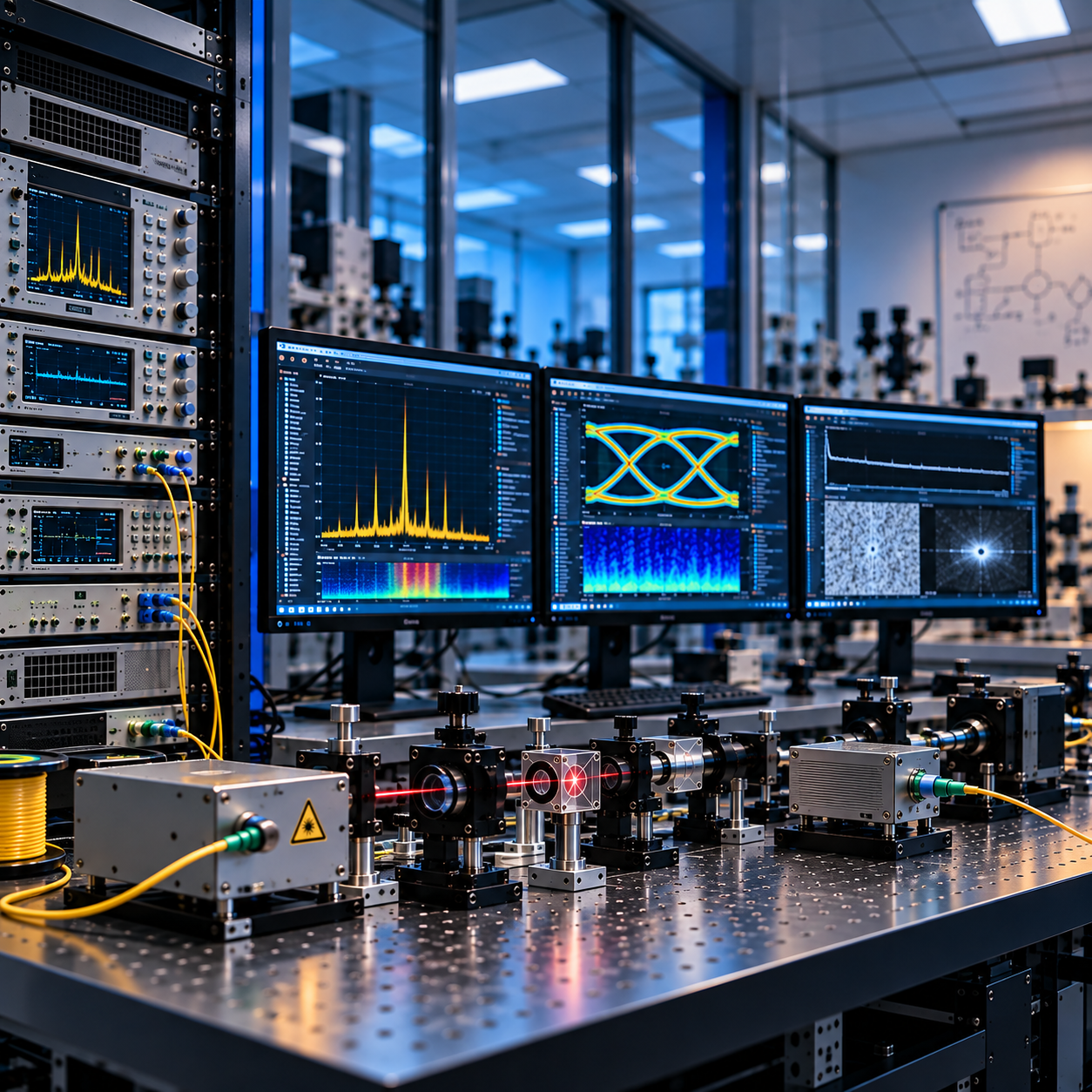 Illustration of optical communication and photonic sensing equipment.