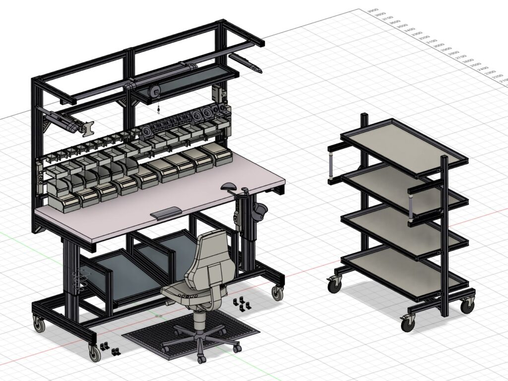 Virtual layouts of a height adjustable assembly workstation